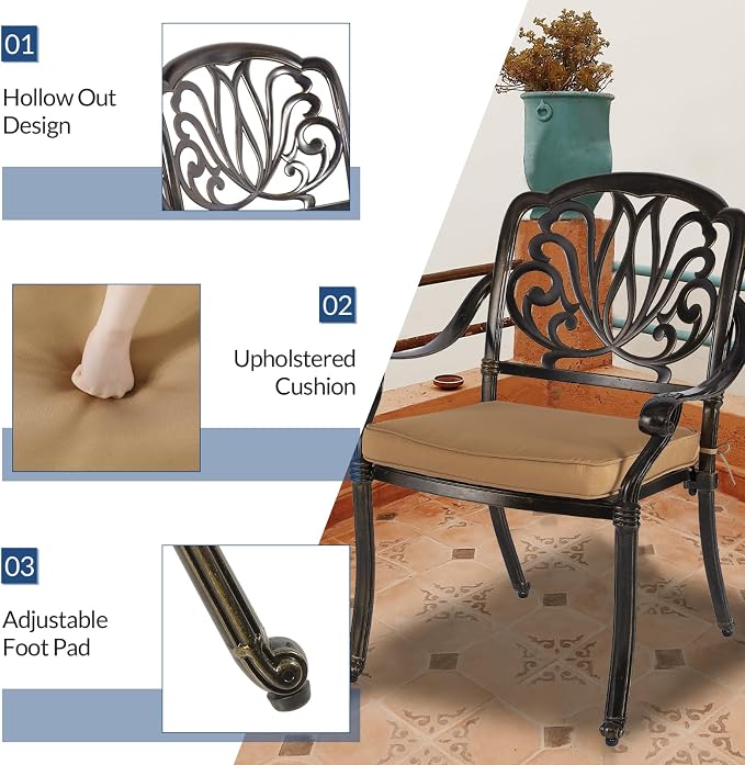 9-Piece Patio Cast Aluminum Dining Set, 8 Person Outdoor Dining Furniture Set, Includes 8 Cushioned Chairs and 61" Large Round Dining Table with 31" Lazy Susan, Umbrella Hole, Tan
