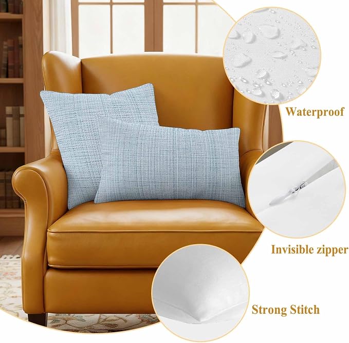 Outdoor Waterproof Throw Pillow Covers Set of 2 Blue Linen Texture Pillowcases 26x26 Inches Solid Color Decorative Pillows Cushion Case Patio Pillows for Couch Bed Chair Garden