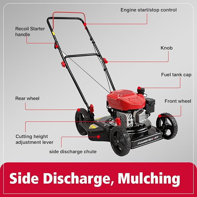 PowerSmart EasyCut 18-Inch Gas Lawn Mower, 144cc OHV Engine, Durable Steel Deck, Walk-Behind Push Mower with Side Discharge, 5-Position Height Adjustment, Lightweight Design for Small Yard