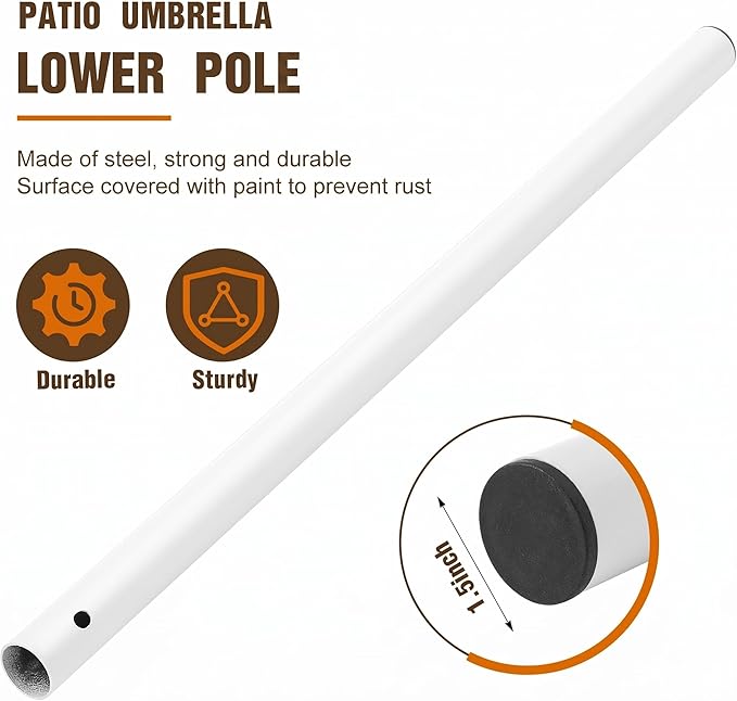 1 Pack 1.5'' Dia Umbrella Replacement Lower Pole, Heavy Steel Patio Umbrella Bottom Pole Replacement, 1.7 mm Thickness, No Bullet Buckle Outdoor