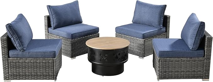 HOOOWOOO 5-Piece Outdoor Wicker Patio Furniture Set, All-Weather Rattan Chairs with Cushions and Fire Pit Table, Modern Garden Conversation Set for Patio, Porch, and Balcony (Denim Blue)