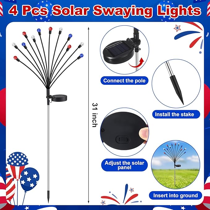 Rossesay 4 Pcs Solar Firefly Lights for Garden Swaying Lights Decoration Outdoor Garden Fairy Light for Yard Pathway Patio Lawn Waterproof Firefly Stake for Outside Holiday Decor(Pineapple Ball)