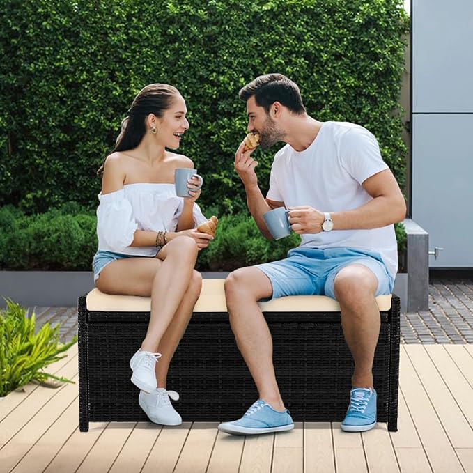 PROHIKER 2-in-1 Wicker Deck Box Bench, All-Weather 55 Gallon Outdoor Storage Box with Cushions and Waterproof Bag, Rattan Storage Bench for Pool Tools, Outdoor Equipments and Garden Tools, Black/Beige
