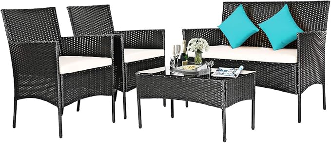 DORTALA 4 Pieces Patio Furniture Set, Rattan Conversation Set with Coffee Table & Cushions, Outdoor Wicker Sofa Set for Poolside, Backyard, Beige