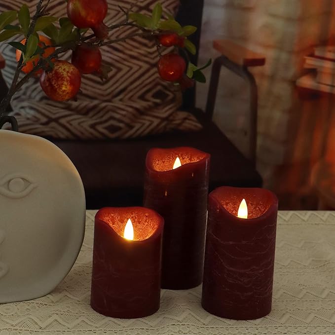 Flameless LED Candles Set of 3 (D 3’’ x H 4’’ 5’’ 6’’) Real Wax Battery Operated Candle with Timer Home Decorative Pillar Flickering Lights,Wedding Party Events Decor,Burgundy