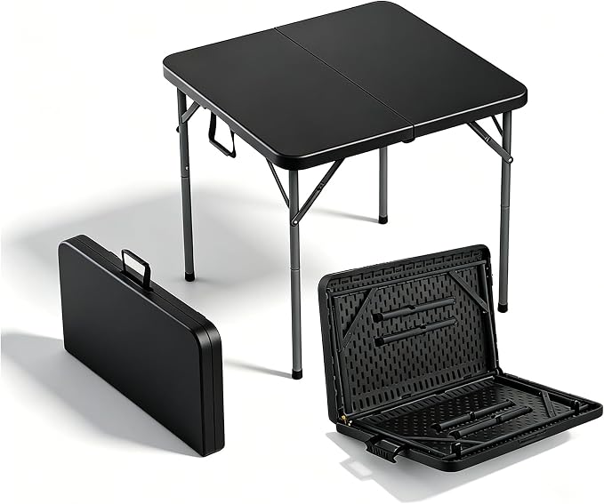 34 In Square Folding Card Table,Heavy Duty Plastic Foldable Table with Built-in Carry Handle&Steel Legs,Portable Indoor Outdoor Utility Table for Dining,Party,GameNight, Camping,Picnic,Black