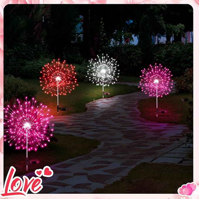 Tujoe 6 Pcs 4th of July Solar Firework Lights Patriotic Solar Light Outdoor Garden 120 LED 8 Modes Waterproof LED Sparkler Light for 250th Anniversary Patio Yard Pathway Walkway (Red,White,Pink)