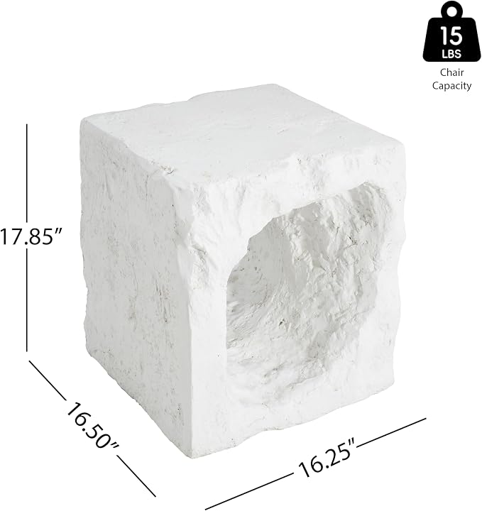 Christopher Knight Home Nataly 17.85" H Small Outdoor Side Table, Cubic Carved Garden Stool with Swirl Patterns, Lightweight Concrete End Table, Patio Decorative Home Stool for Balcony Backyard, White