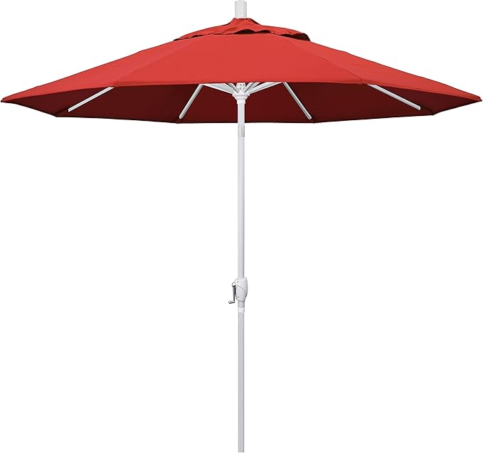California Umbrella 9' Round Aluminum Market Umbrella, Crank Lift, Push Button Tilt, White Pole, Red Olefin