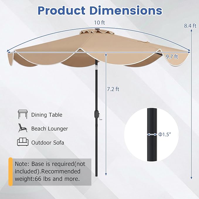 Tangkula 10 FT Solar Patio Umbrella, 2-Tiers Outdoor Scalloped Table Umbrella with 24 LED Lights, Tilt Adjustment, Crank, 8 Ribs for Market Backyard Pool Deck Beach Lawn (Tan)