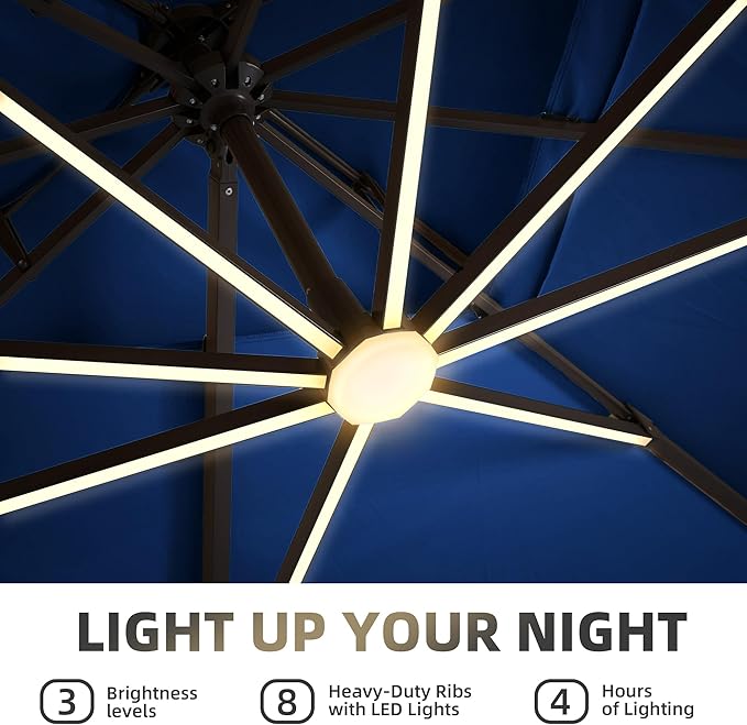 9 X 12 FT Cantilever Patio Umbrella with Led Lights and Base Included Outdoor Heavy Duty Double Top Rectangle Offset Umbrellas with 360-degree Rotation for Pool Deck Backyard, Navy