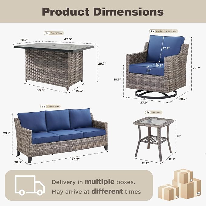 Belord Patio Wicker Swivel Rocker Patio Chairs with 3-Seater Sofa,Outdoor Furniture Set for Deck Porch Garden, 5 Piece Patio Conversation Furniture Set,Blue
