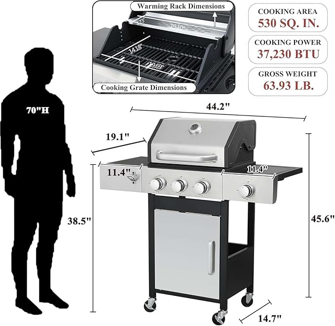 3-Burner Propane Gas BBQ Grill with Side Burner & Porcelain-Enameled Cast Iron Grates, 37230 BTU Output Stainless Steel Grill for Cooking Kitchen Patio Backyard Barbecue
