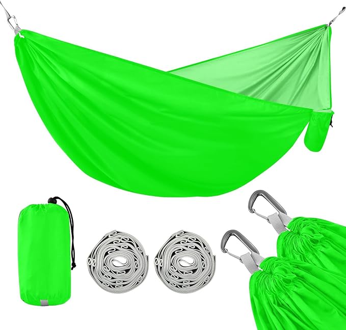 Neon Green Solid Color Camping Hammock, Portable Lightweight Single Hammock with Tree Straps and Aluminum Carabiners, 114" x 54" Travel Hammock for Hiking Backpacking Beach