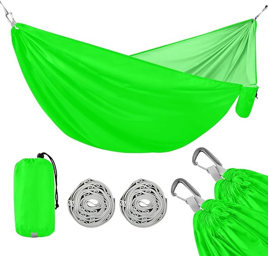 Neon Green Solid Color Camping Hammock, Portable Lightweight Single Hammock with Tree Straps and Aluminum Carabiners, 114" x 54" Travel Hammock for Hiking Backpacking Beach