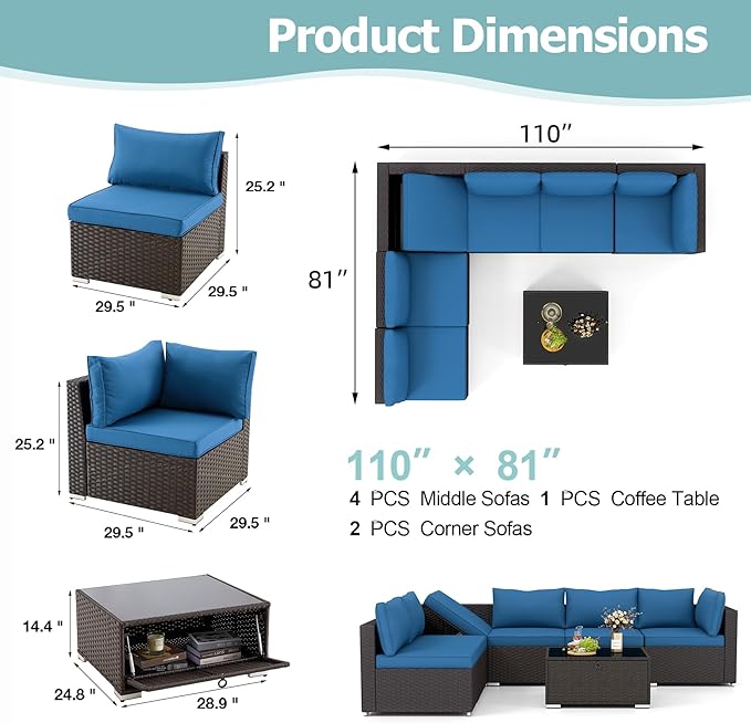 7 Piece Patio Furniture Set with Adjustable Bracket Wicker Rattan Patio Conversation Sets Outdoor Sectional Sofa Set with Wood Table and Cushions for Porch Lawn Garden, Blue