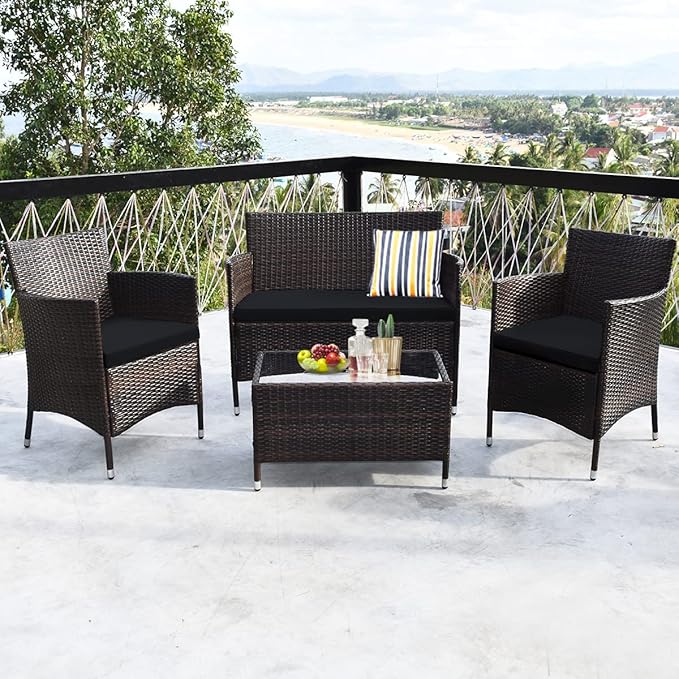 4 Pieces Patio Sofa Set, Wicker Conversation Set with Ergonomic Curved Backrest, Patio Rattan Furniture Set with Water-Resistant Cushion & Tempered Glass Table for Balcony, Porch (Black)