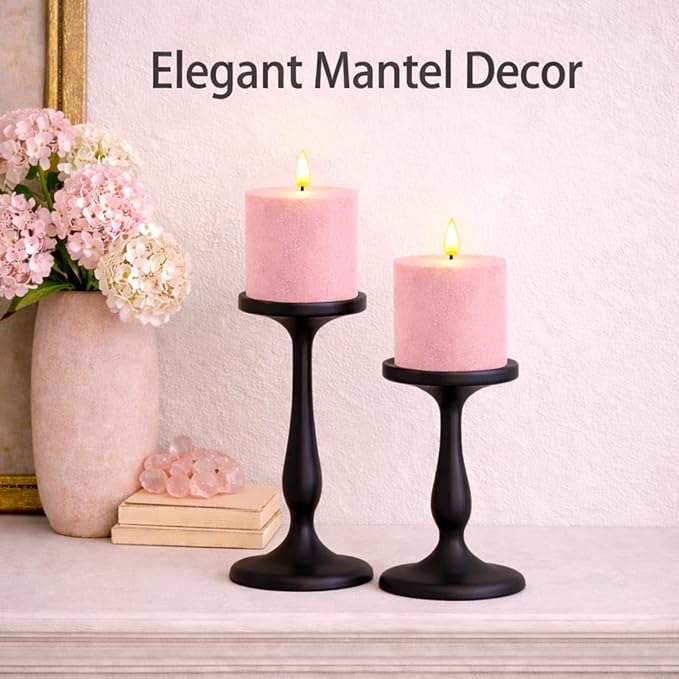 smtyle 4"x4" Pink Fake Candles Battery Operated Flameless Candles with Remote Sculptural Sand Texture Frosted Plastic Minimalist Decorative Set of 2