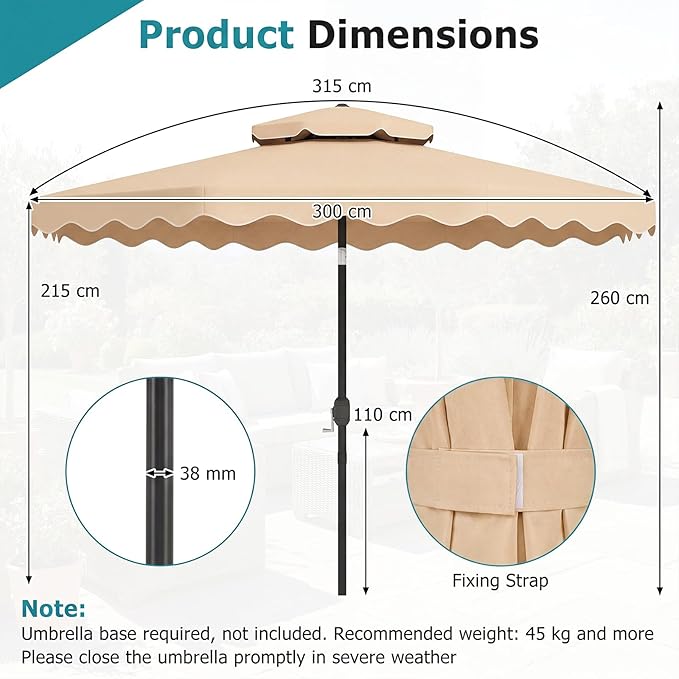 Happygrill 10 FT Patio Umbrella, Scalloped Outdoor Table Market Umbrella with Push Button Tilt & Crank, 2-Tier Vented Top, Heavy-Duty 8 Metal Ribs, Sun-Protective Canopy, Ruffle for Deck Pool Garden (Beige)