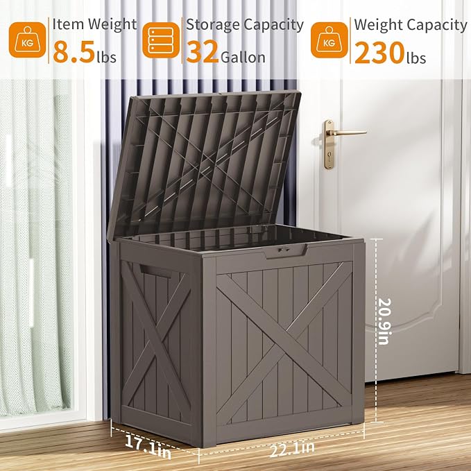 PatioZen 32 Gallon Resin Deck Box, Lockable Outdoor Storage Box for Patio Cushions Storage Furniture,Garden Tools, Pool Supplies, Weatherproof and UV Resistant (Grey)