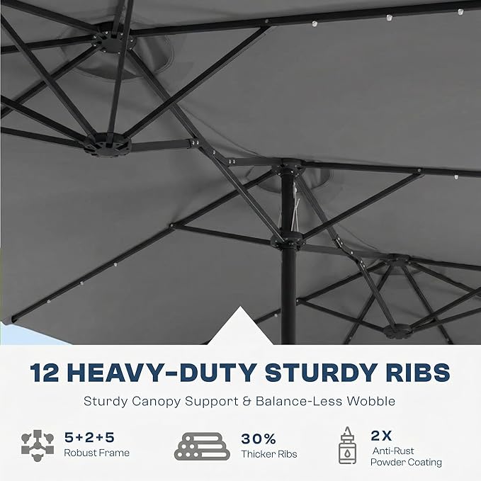 15FT Large Outdoor Patio Umbrella with Solar Lights and Base, Double-Sided Table Umbrellas with 48 LED Lights, Rectangle Market Umbrella for Pool, Deck, Backyard
