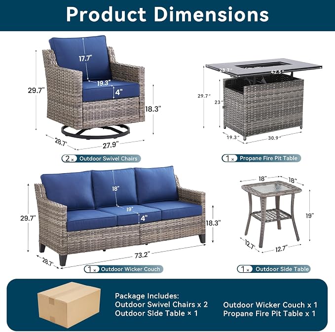 Outdoor Patio Furniture Set with 42.5" Fire Pit Table-5 Pieces All Weather Wicker Outdoor Furniture with High Back Swivel Patio Chairs Set of 2 Outdoor Patio Conversation for Deck Garden Blue/Gray
