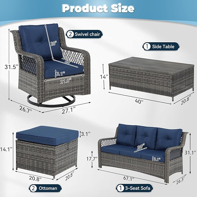 6 Pieces Wicker Patio Furniture Set Conversations Sets, 2 Outdoor 360° Swivel Rocking Chairs, Patio Swivel Glider Chair with Table and Ottoman for Garden, Poolside, Backyard (Grey)