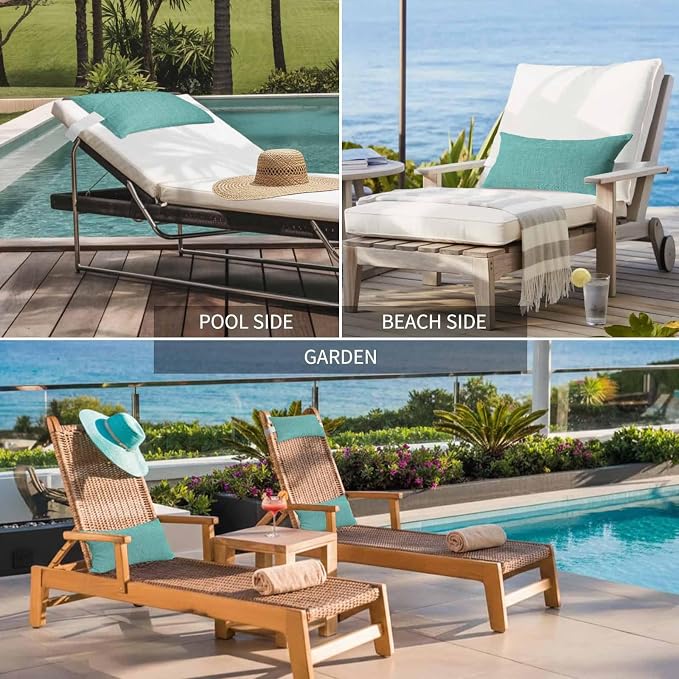 Teal Outdoor Lumbar Pillow 11x16 Inch, Farmhouse Burlap Solid Green Color Modern Linen Texture Waterproof Throw Pillow Covers with Insert, Decorative Chair Cushions for Patio Garden Recliner