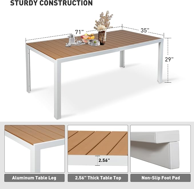 Outdoor Dining Table for 8 Person, 71" Aluminum Patio Dining Table with 1.6" - 2" Adjustable Umbrella Hole, Slat Rectangle Table with Wood Like Table Top for Backyard Garden