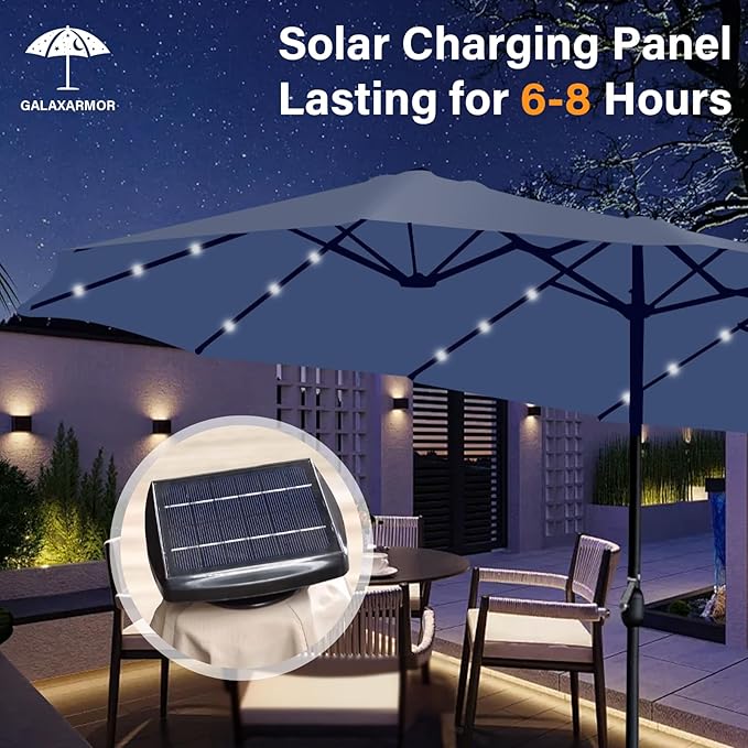 15ft Double Sided Patio Umbrella with Solar Lights, Outdoor Large Umbrellas with Crank Handle and 36 LED Lights, Rectangular Market Umbrella with Base Included for Deck Pool Shade (With Base)