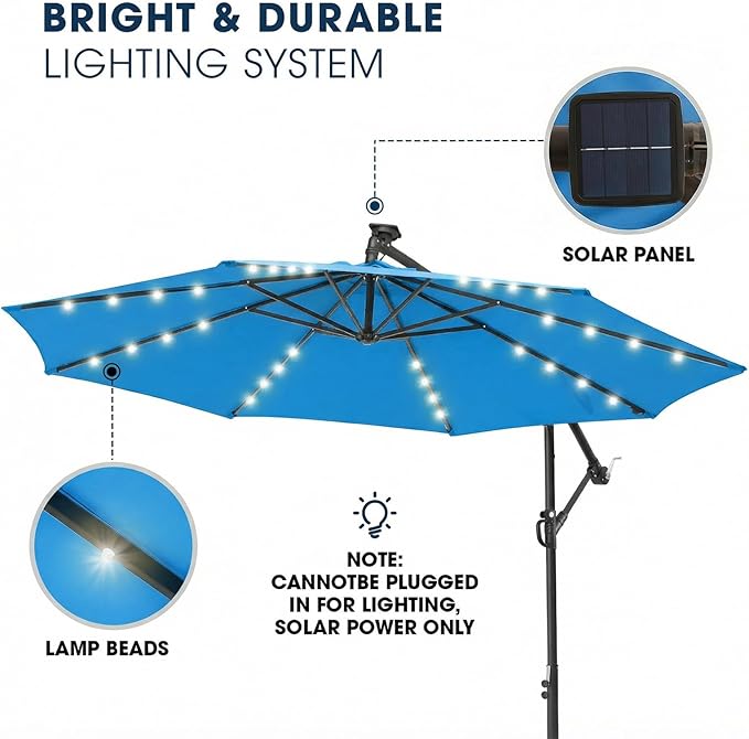 wikiwiki 10ft Solar LED Offset Patio Umbrella, Outdoor Cantilever Patio Umbrellas with Solor Lights for Backyard, Poolside and Garden, Easy Tilt Adjustment, 32 LED Lights & Polyester Shade, Royal Blue