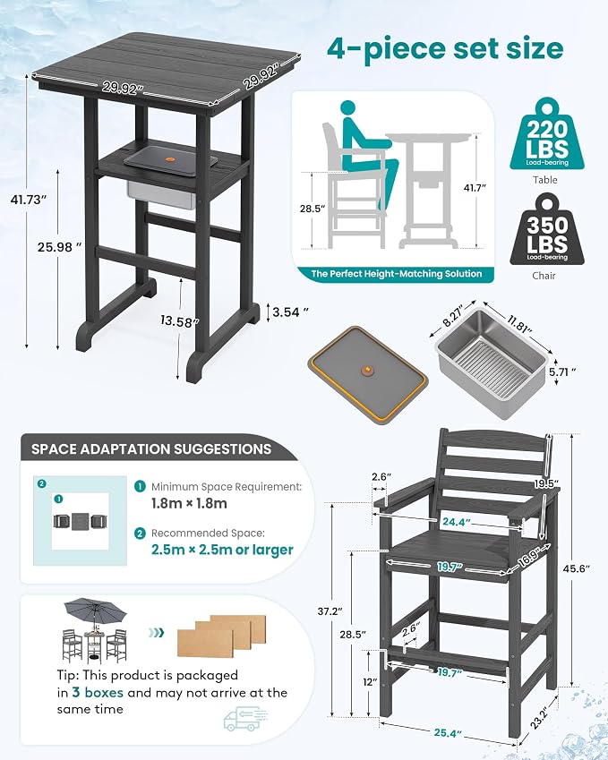 SERWALL Adirondack Bar Chairs and Table 3 Pieces Set with Umbrella, HDPE Bar Height Chairs Set of 2 and Bar Table with Ice Bucket, Outdoor Bar Stools Set for Balcony, Poolside, Backyard, Grey