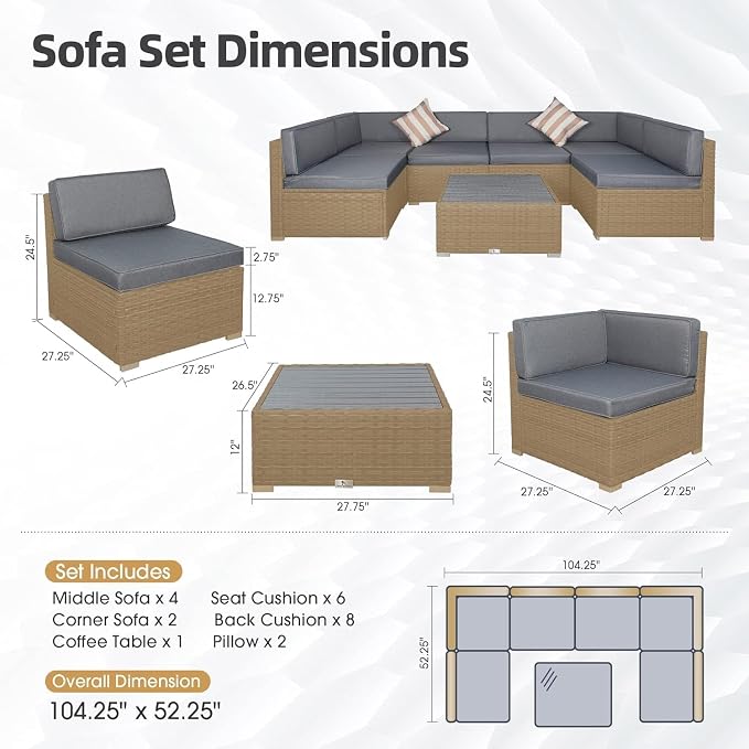 7-Piece Outdoor Patio Furniture Set with PE Rattan Wicker Sectional Sofa, Cushioned Conversation Set and Coffee Table for Garden, Backyard, Porch Seating