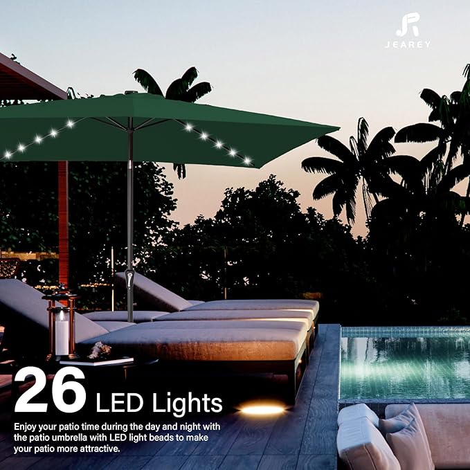 JEAREY 6.5x10 ft Rectangular LED Lighted Patio Umbrellas Outdoor Solar Table Market Umbrella w/Push Button Tilt/Crank, 6 Sturdy Ribs, UV Protection Waterproof Sunproof(Dark Green)