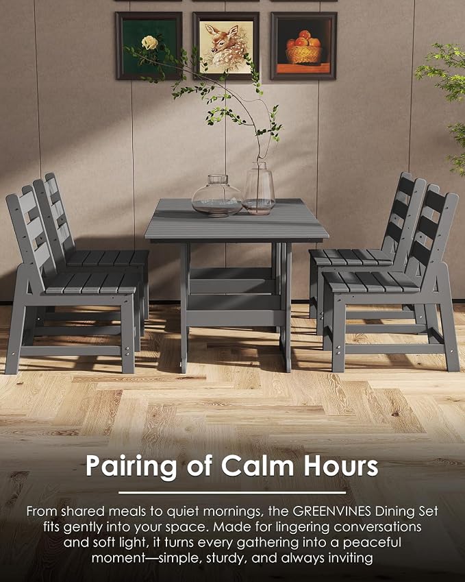 GREENVINES 5-Piece-Outdoor-Table-and-Chairs | HDPE | Patio Furniture | Slatted Dining Sets for 4 | Armless Chair | Connectable Tables | All Weather | for Backyard Poolside Garden | Grey