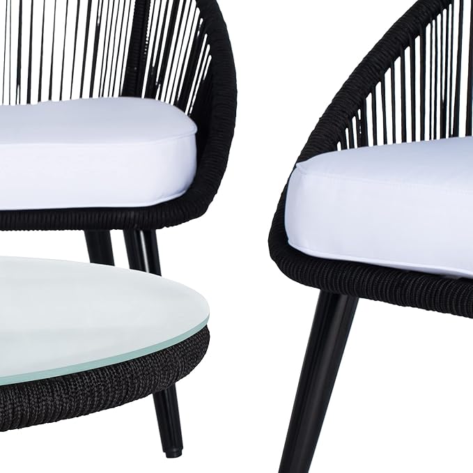 SAFAVIEH Outdoor Collection Halcott Black Rope/White Cushion 4-Piece Conversation Patio Set