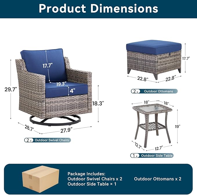 5 Pieces Outdoor Patio Furniture Set-All-Weather Wicker Patio Swivel Glider Chairs with 2 Ottoman and Glass Side Table, Patio Conversation Sets for Porch Balcony Deck - Blue/Grey