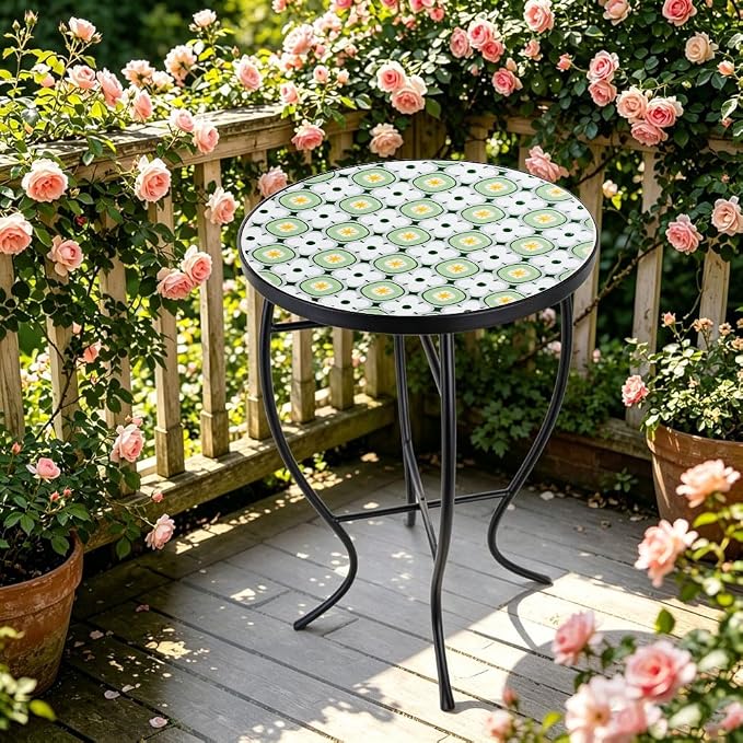 14 Inch Mosaic Patio Side Table with X-Curved Legs, Indoor Outdoor Accent Round End Table with Ceramic Tile Tops for Yard, Garden, Living Room, Bistro, C - Granny Square
