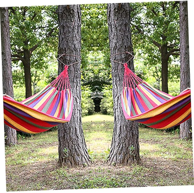 Yardwe Portable Canvas Camping Hammock Outdoor Striped Hanging Chair 190x85cm Rainbow Color for Patio Backyard Garden Swing Use