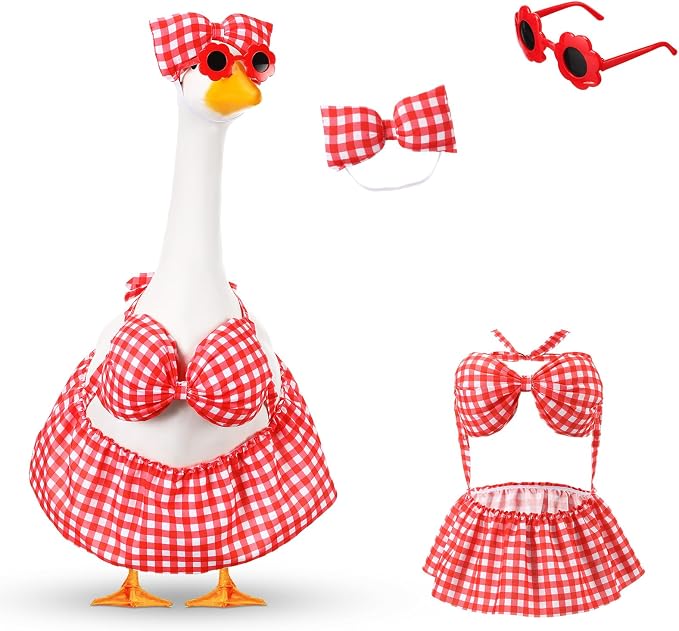 FuWeave Summer Porch Goose Outfit for 17" Red Plaid Goose Costume Clothes for Outdoor Patio Yard Lawn Art Decoration