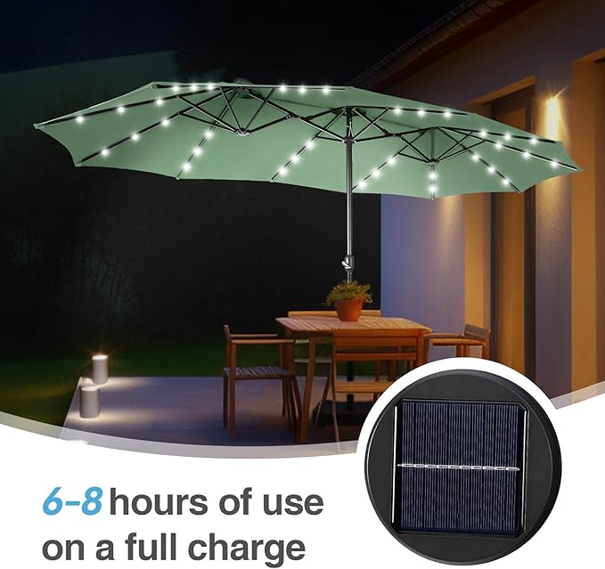 GREEN PARTY 15 ft Large Outdoor Patio Umbrella with Solar Led Lights & Base Included, Double-Sided Rectangular Table Umbrella with Stand, Market Umbrellas for Deck Poolside Garden Backyard, Mint Green