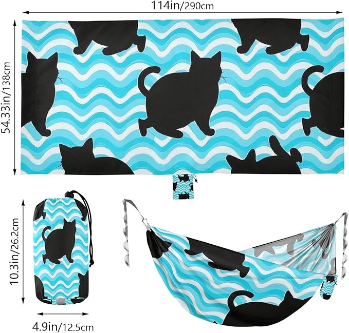 Wave Pattern Cartoon Cat Black 330lb Capacity Outdoor Hammock with Hanging Rope Hanging Hammock for Outside Beach Patio Garden para ir de Camping