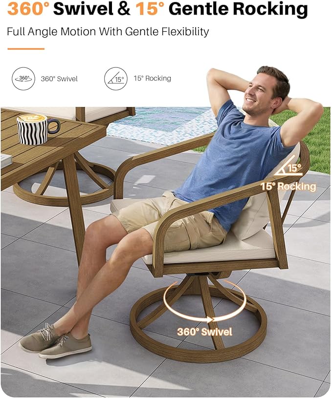 9-Piece Patio Dining Set with 8 Swivel Chairs, Never-Rust Aluminum Outdoor Dining Set, Patio Swivel Dining Set with Wraparound Seating, Outdoor Table and Chairs for Garden, Lawn, Deck, Teak