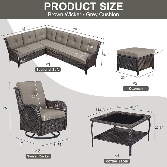 Belord 8 Piece Wicker Patio Furniture Set, Outdoor Swivel Rocker Chairs Set of 2 with Ottomans and Sectional Couch, All Weather Patio Conversation Furniture Set, for Pool,Yard Brown Wicker/Gray