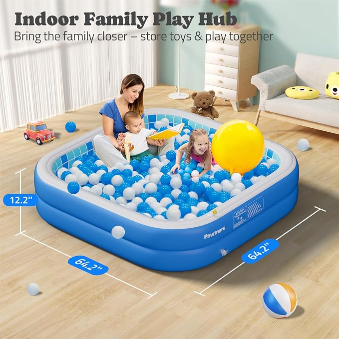 Inflatable Pool for Kids, Non-Slip Sprinkler Splash Pad for Backyard, Thickened PVC Kiddie Pool for Indoor Outdoor, Chew Proof Blow up Pond, Small Swimming Pool for Dog Bathtub (Blue 64.2x12.2in)