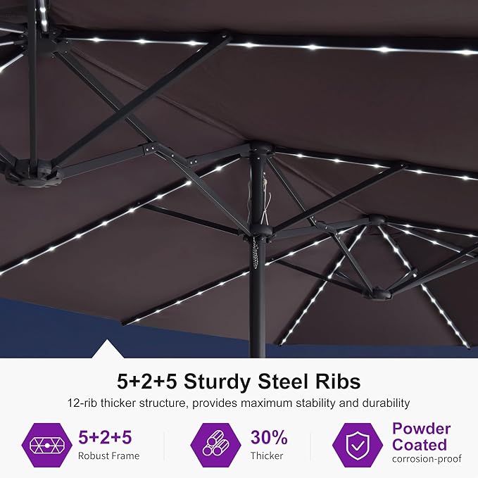 PURPLE LEAF 14ft Patio Umbrella with Solar Lights Outdoor Double-Sided Market Umbrella with Base Included Rectangle Table Umbrella for Pool Garden Backyard, Light Grey