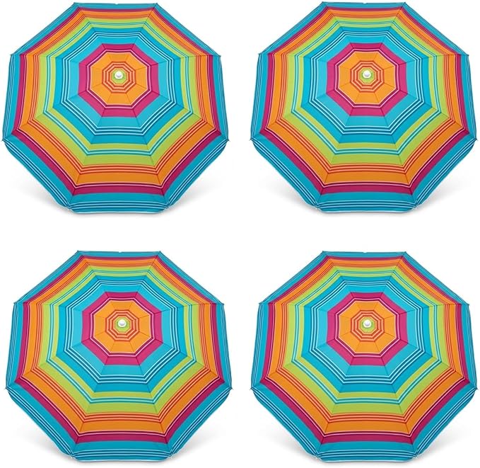 PMU 4 Pcs 6ft Multicolored Beach Umbrella – Vibrant Rainbow Stripe Design, 72in Open, 160G Polyester, Large Outdoor Patio Pool Parasol Umbrella for Garden, Deck, Backyard & Pool