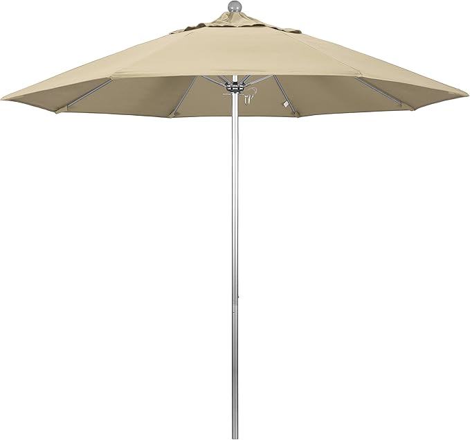 California Umbrella 9' Round Aluminum/Fiberglass Umbrella, Push Open, Silver Pole, Sunbrella Antique Beige