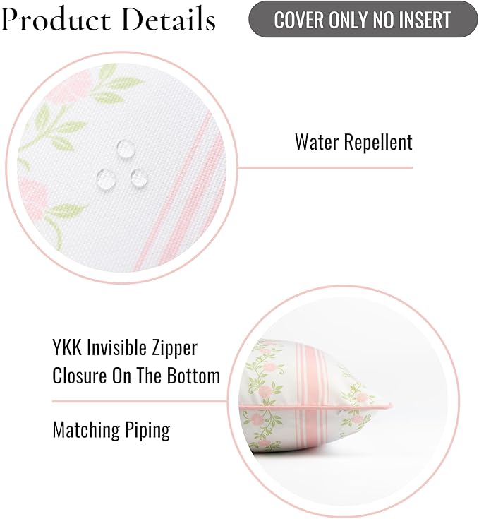 Hofdeco Premium Coastal Patio Indoor Outdoor Lumbar Pillow Cover Only, 12"x20" Water Repellent for Backyard, Couch, Blush Pink Print Stripe Floral (Pack of 2)