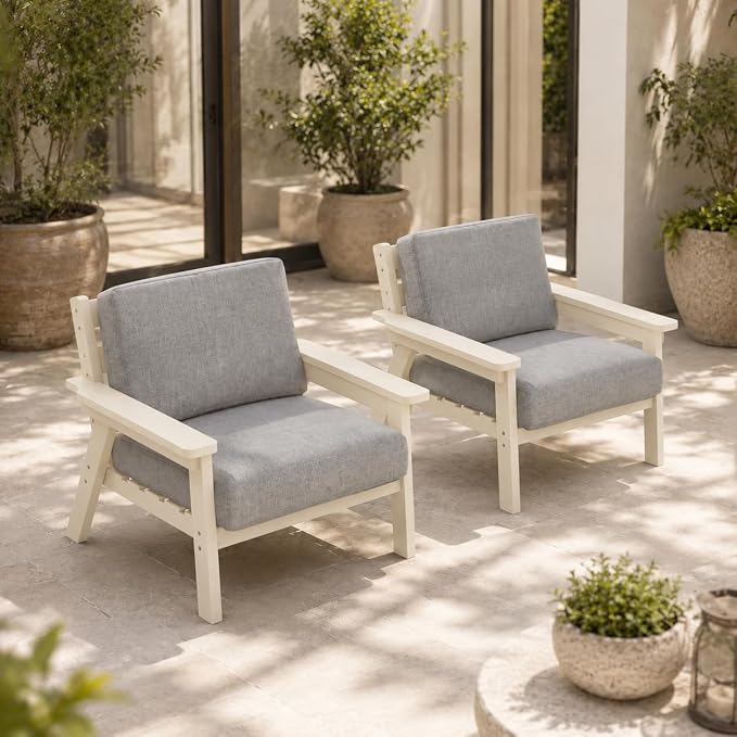 2 Piece HDPE Outdoor Furniture Set with Gray Cushions (White Frame) | All-Weather HDPE, Modular Design, Extra-Deep Seating, Thick Cushions, Ideal for Backyard, Deck & Porch